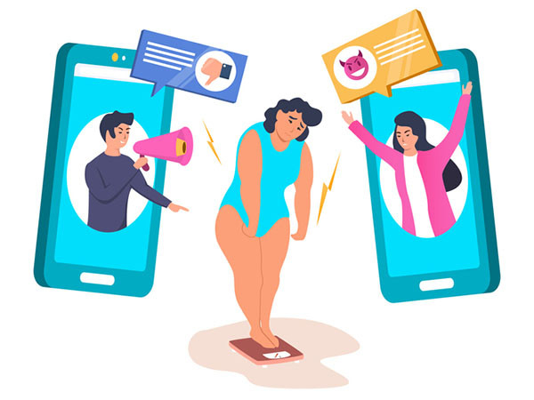 illustration of a woman experiencing body shaming through social media, she is standing on a scale and there are smartphones on either side of her with people on the screens experssinbg opinions about her weight